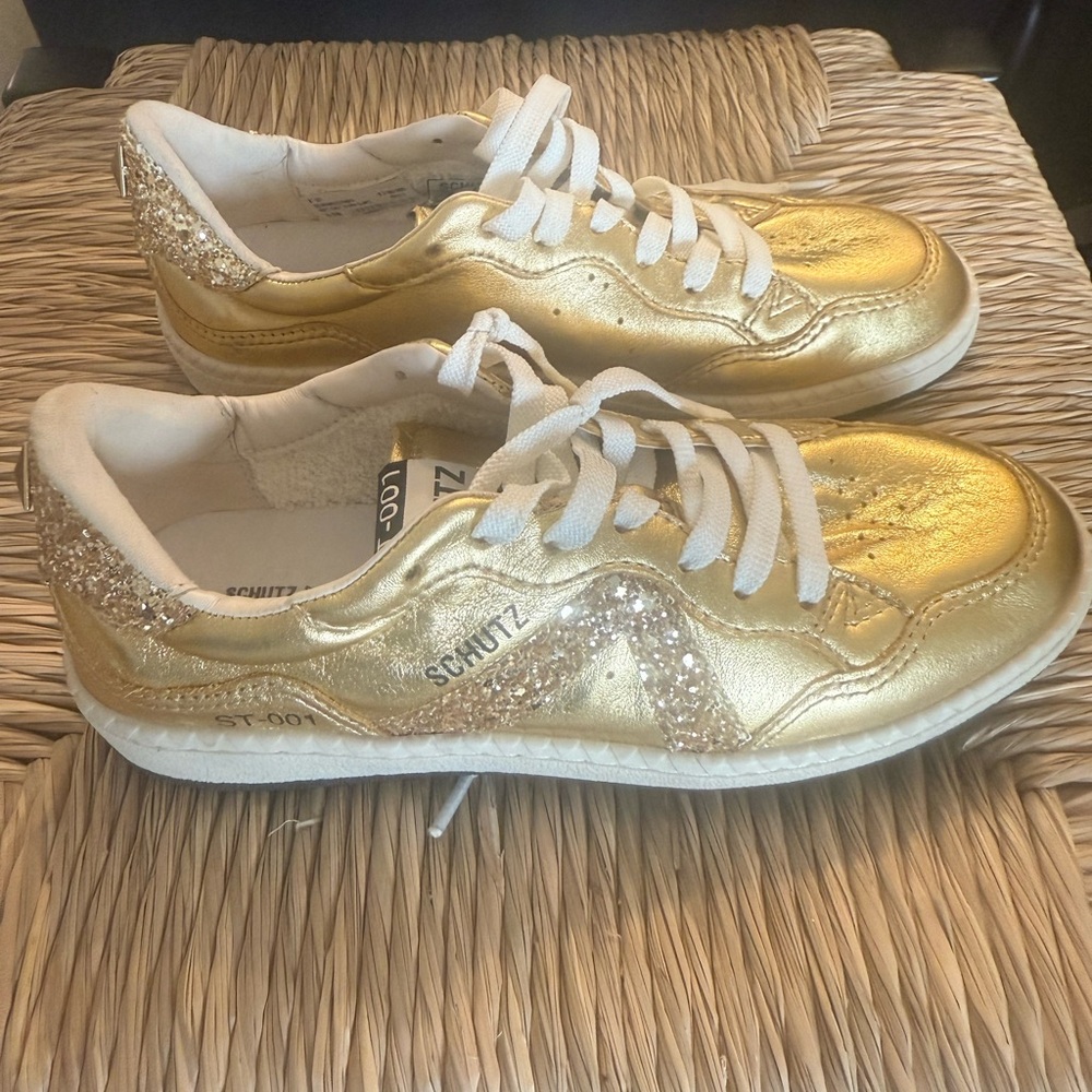 SCHUTZ Metallic Gold and White Sneakers